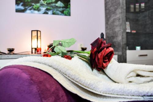 博登迈斯Hotel Waldblick的床上的白色毛巾上有一朵红玫瑰