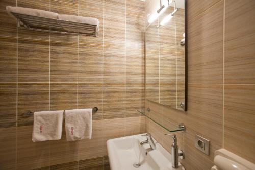 布拉格大丽花酒店的浴室配有盥洗盆、镜子和毛巾