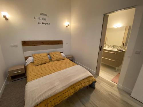 勒克罗图瓦Coté Dune的一间卧室配有一张带两个枕头和镜子的床
