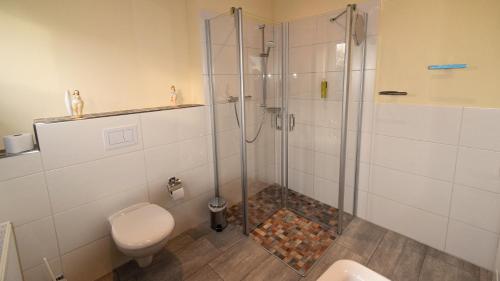 博尔库姆Haus Wopke的带淋浴、卫生间和盥洗盆的浴室