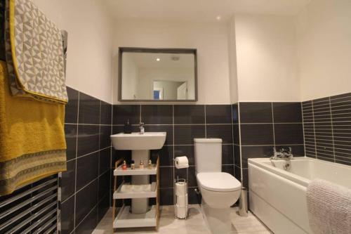 伊费林赫利Llys Marina的浴室配有盥洗盆、卫生间和浴缸。