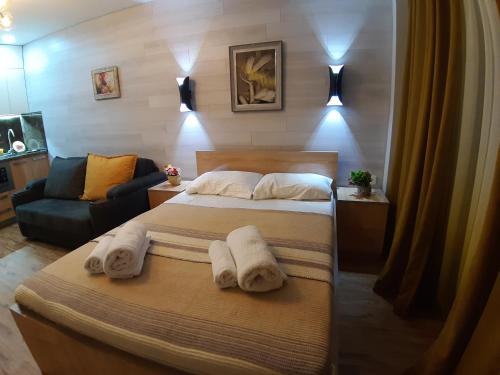 古多里New Gudauri loft1的酒店客房,设有两张床和一张沙发