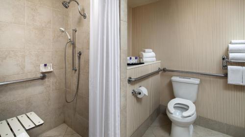 安纳海姆安纳海姆梅杰斯特花园酒店的带淋浴、卫生间和淋浴的浴室