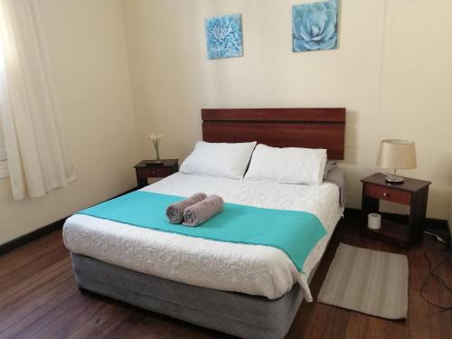 瓦尔帕莱索Hostal Rama & CaStle的一间卧室配有一张床,床上有毛巾
