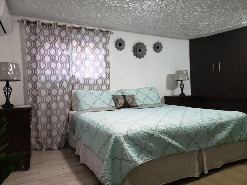 金斯敦Hill Retreat - Kingston的一间卧室配有一张带绿色棉被的床