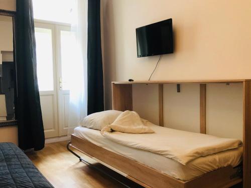 布拉格Modern cozy apartment in central Prague的卧室配有一张床,墙上配有电视。