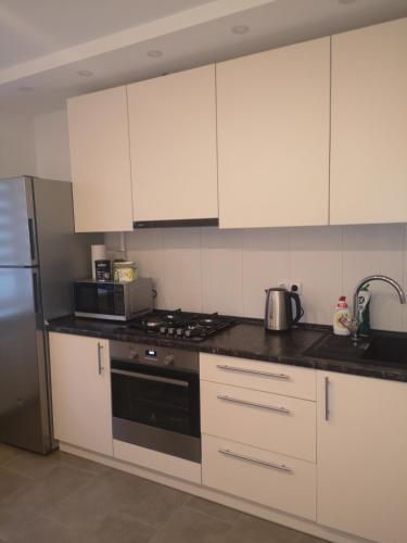 帕内韦日斯Parko apartamentai的厨房配有白色橱柜和炉灶烤箱。