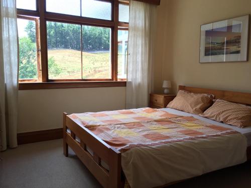 TasmanTasman Farmstay Retreat GlenMhor的一间卧室设有一张大床和一个窗户。