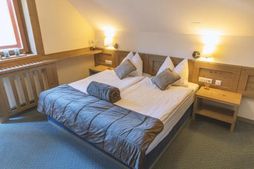戈雷尼斯卡地区采尔克列克拉维克酒店的一间卧室配有一张带蓝色毯子的大床