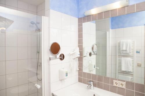 图特林根泽尔滕巴彻霍夫酒店的带淋浴、盥洗盆和镜子的浴室