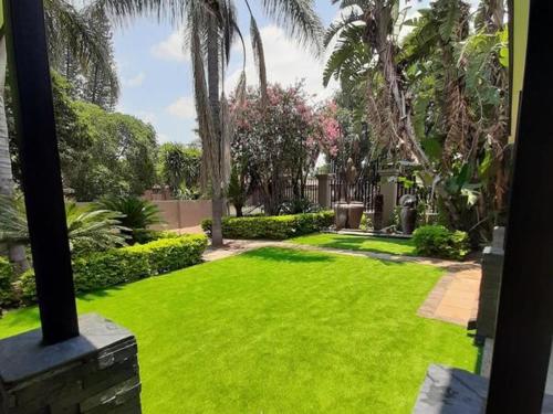 布里茨Copperwood Hotel and Conferencing的种植了绿色草和棕榈树的院子