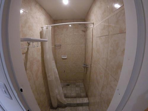 里奥加耶戈斯帕里斯酒店的浴室设有带浴帘的步入式淋浴间