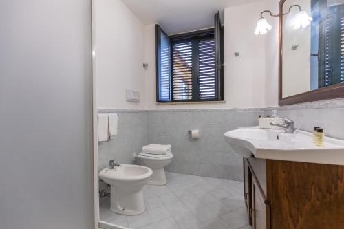 梅塔Flowers apartments & rooms的一间带卫生间、水槽和镜子的浴室