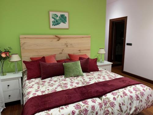 毕尔巴鄂En pleno centro de Bilbao y muy cerca del GUGGENHEIM的一间卧室设有一张大床,拥有红色和绿色的墙壁