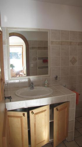 蓬特雷西纳Chesa Ovelin的一间带水槽和窗户的浴室