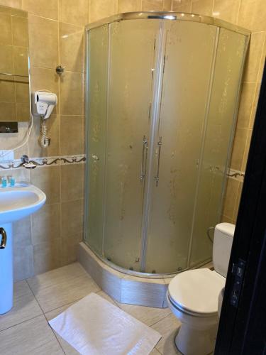 第比利斯赛文贝特斯酒店的带淋浴、卫生间和盥洗盆的浴室