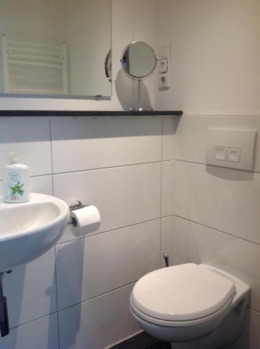 瓦尔茨胡特田根Stadtmitte Ferienwohnung Waldshut的白色的浴室设有卫生间和水槽。