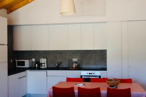 波塔莱格雷Casa do Sobreiro-Quinta do Briando的厨房配有红色的桌子和红色的椅子