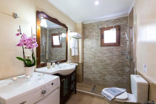 特里欧皮特拉Triopetra Luxury Villas Panagia的一间带水槽和淋浴的浴室