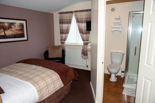 韦克菲尔德雷德贝克汽车旅馆的一间卧室设有一张床、一个卫生间和一个窗口