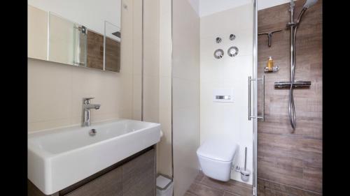 耶拿Appartment im Villenviertel的白色的浴室设有水槽和卫生间。