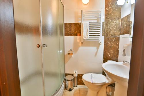 TysmenytsyaРоляда的带淋浴、卫生间和盥洗盆的浴室