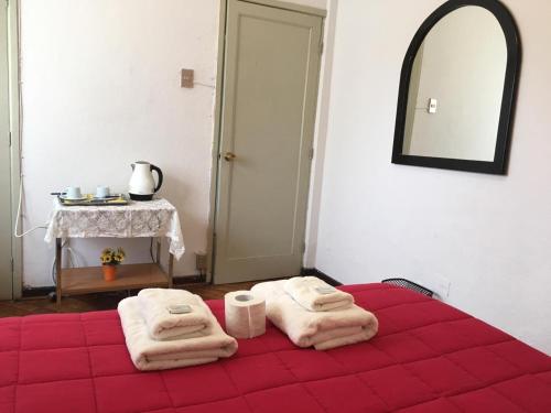 维纳德马Viña Colores的一间卧室配有红色的床和毛巾
