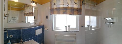 萨斯尼茨Ferienwohnung Anemone的带淋浴、窗户和水槽的浴室
