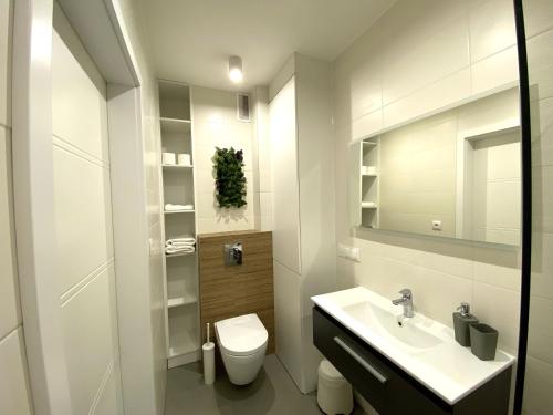 波兰尼卡-兹德鲁伊Apartamenty Polanica Zdrój的白色的浴室设有水槽和卫生间。