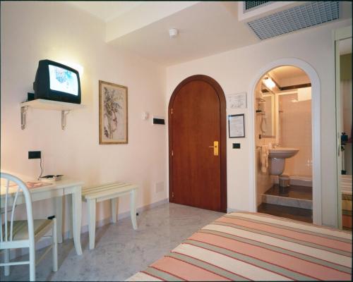 雷科埃莱娜酒店的一间设有门、一张桌子和一台电视的房间
