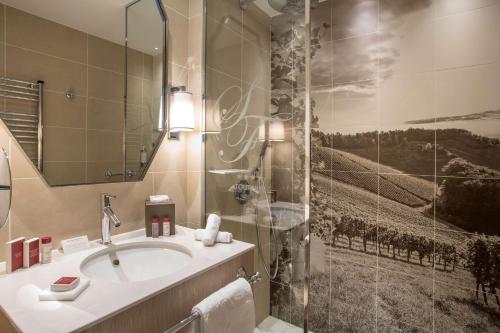 图尔尼Hôtel & Spa Les Sept Fontaines Best Western Premier的一间带水槽和淋浴的浴室