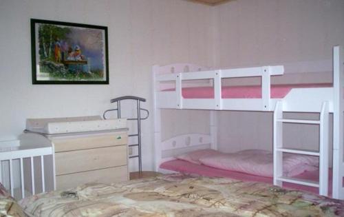 MaltzienFerienhaus-Bender-Rügen的一间卧室配有两张双层床和一张书桌