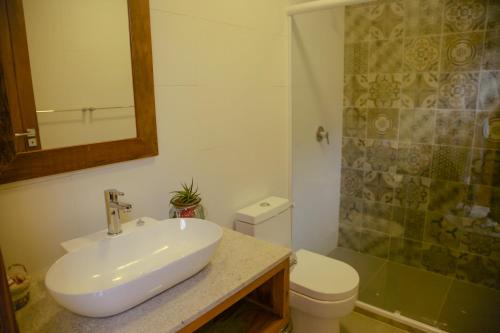 多明戈斯马丁斯Pousada Vila do Loro的一间带水槽、卫生间和镜子的浴室