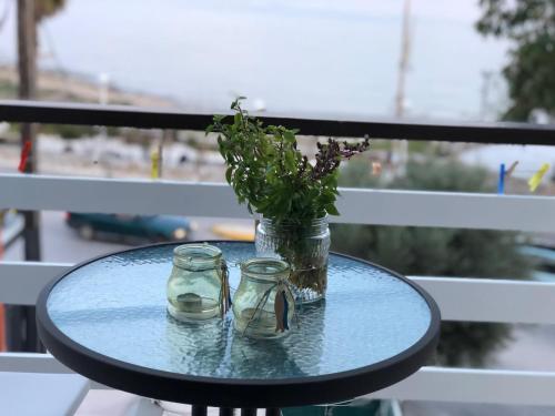 阿特米达Starfish Seaside Studio的一张桌子,上面有两瓶玻璃瓶和花瓶