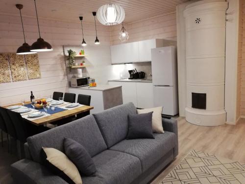 UroAmmatour Apartments的带沙发和桌子的客厅以及厨房。