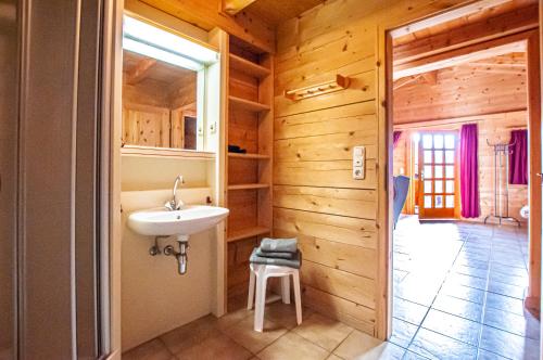 施利尔塞Ruhige Chalets mit Seeblick in zentraler Lage的木屋内带水槽的浴室