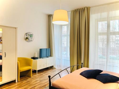 维也纳City-Maisonette的一间卧室设有一张床、一台电视和一个窗口。