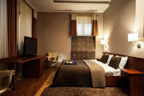 基希讷乌艺术质朴精品酒店的一间卧室配有一张床、一台电视和一个壁炉
