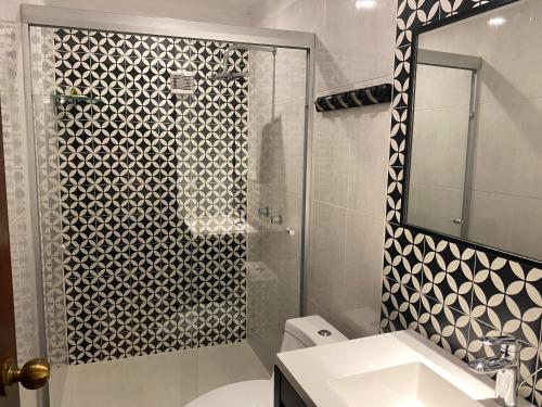 马萨特兰Hotel Raices de Mar的带淋浴、卫生间和盥洗盆的浴室