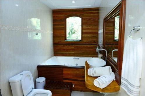 Estancia do CastelloPousada Lua e Sol的带浴缸、卫生间和盥洗盆的浴室