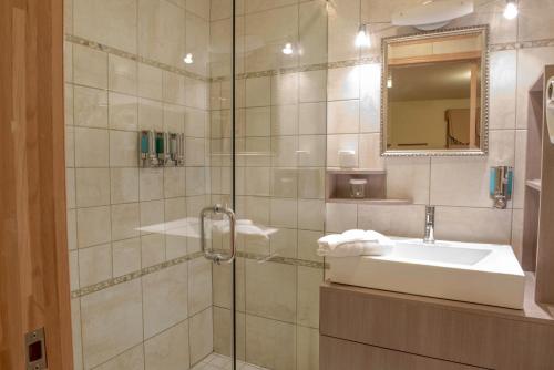 新里士满弗朗西斯酒店的浴室配有盥洗盆和带镜子的淋浴