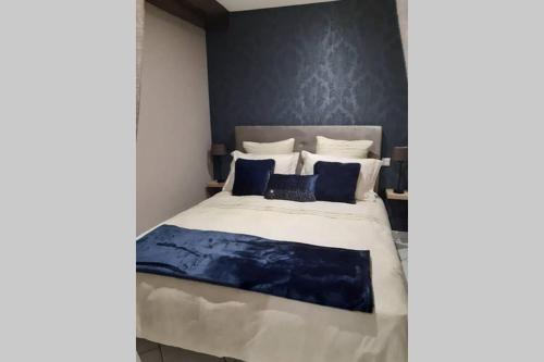 博讷LE PETIT SAINT NICOLAS, EN PLEIN CENTRE VILLE的一间卧室配有一张带蓝白色枕头的大床
