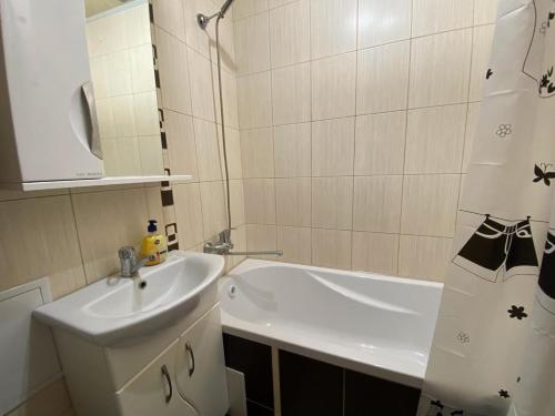 日托米尔Михайлівська квартира的浴室配有盥洗盆和浴缸。