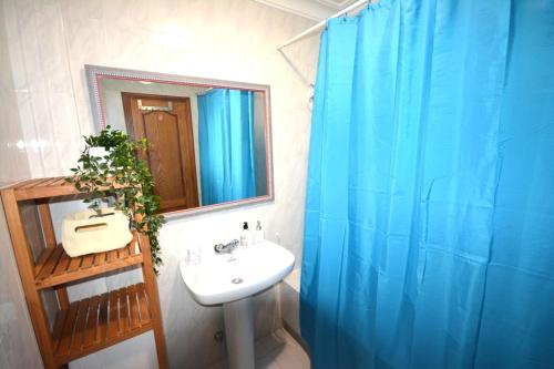 拉奥罗塔瓦Lovely house in the best area of La Orotava的浴室设有水槽和蓝色的浴帘
