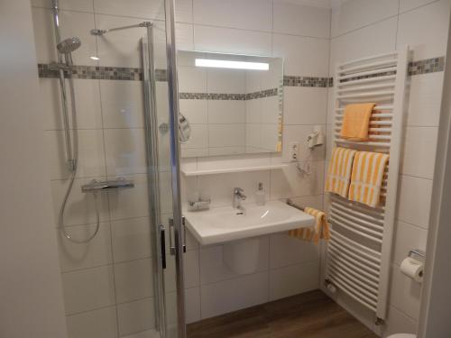 格罗森克内滕Hotel garni Haaster Krug Otte的一间带水槽和淋浴的浴室