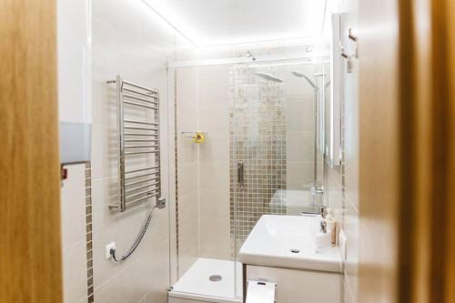 利耶帕亚Brand-New Deluxe Apartment in Liepāja的带淋浴和盥洗盆的浴室