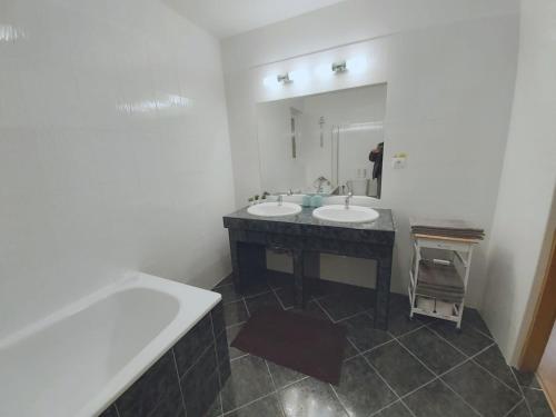 上鲁日巴希Mountain Village Apartment Pinewood ***的一间带两个盥洗盆和大镜子的浴室