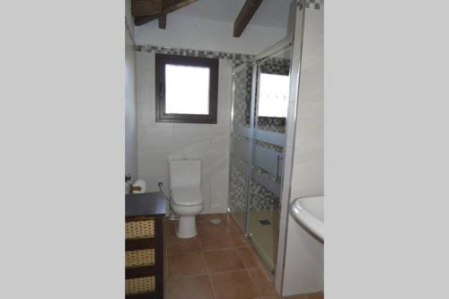 阿达莱斯Villa Rosales的一间带卫生间和玻璃淋浴间的浴室