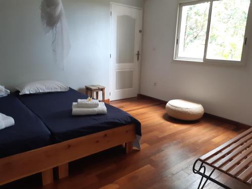 厄唐萨雷Suite exotique的一间卧室设有蓝色的床和窗户。