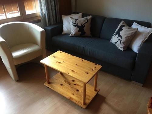 阿德尔博登Apartment Butterfly by Interhome的客厅配有蓝色的沙发和木制咖啡桌